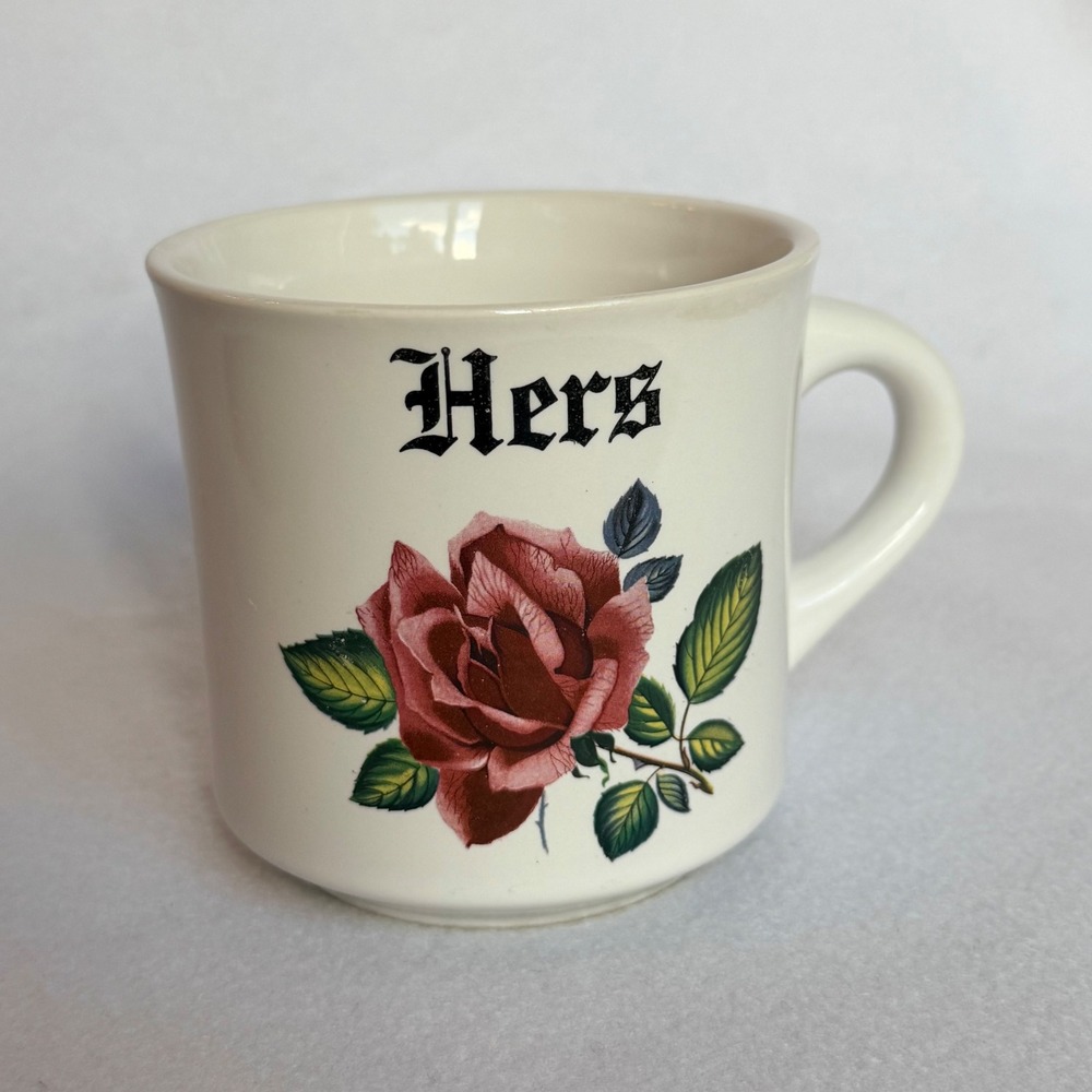 Vintage "Hers" Rose Floral Coffee Mug Cup White Papel Cottagecore Grandma Retro‎